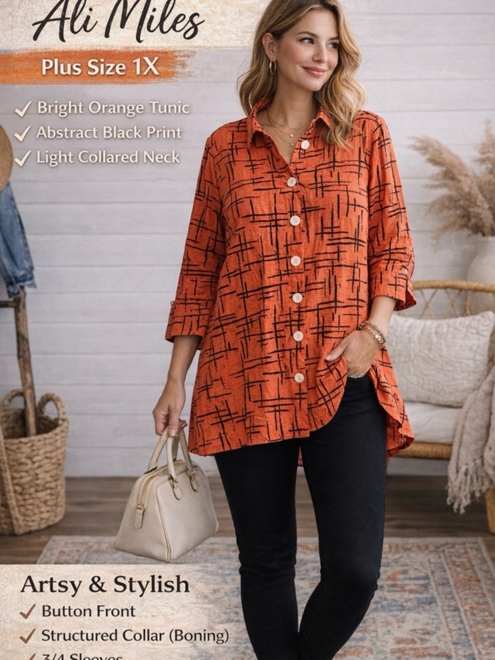 Ali Miles Tunic Top 1X Orange Black Abstract Button Front Collared 3/4 Sleeve